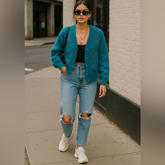 Rare Vintage Angora Embroidered Beaded NWT Dead-stock Turquoise Cardigan M - Picture 3 of 16